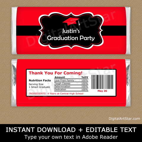 Instant Downloadable Red and Black Graduation Candy Bar Wrapper Template