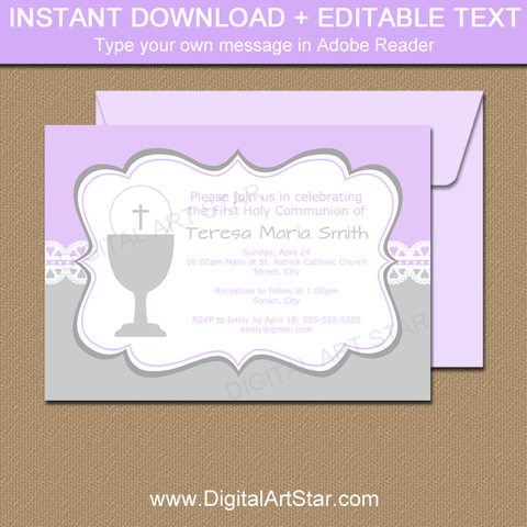 Lace 1st Holy Communion Invitation Template Lavender and Silver