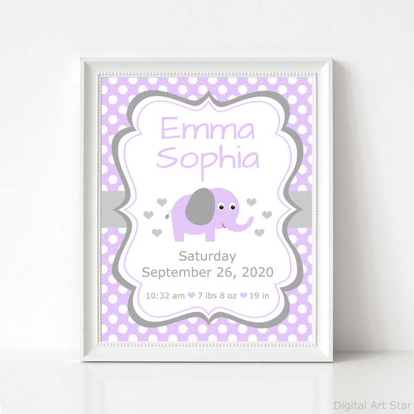 Downloadable Elephant Baby Birth Stats Printable Wall Art Decor in Lavender and Gray