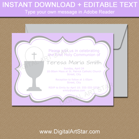 Purple 1st Holy Communion Party Invitations Girl