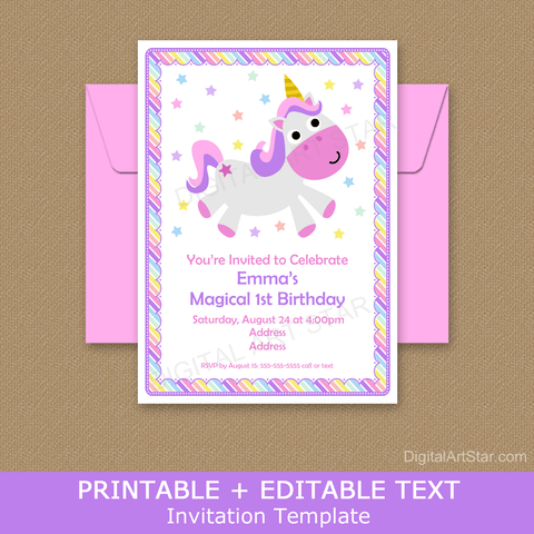 Magical Unicorn 1st Birthday Invitation Template Printable