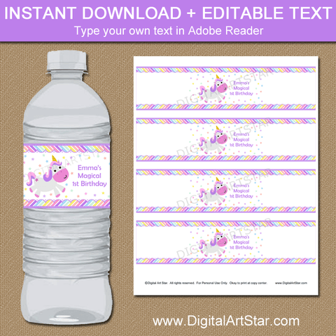 Magical Unicorn Birthday Water Bottle Labels Printable Template