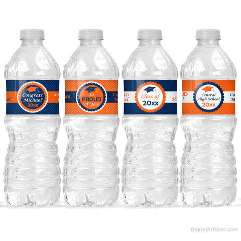 Printable 2023 Graduation Water Bottle Labels Personalized in Navy Blue and Orange