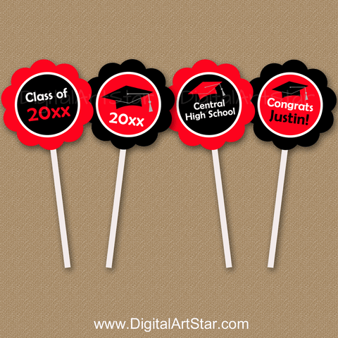 Personalized Red and Black Graduation Cupcake Toppers Decor