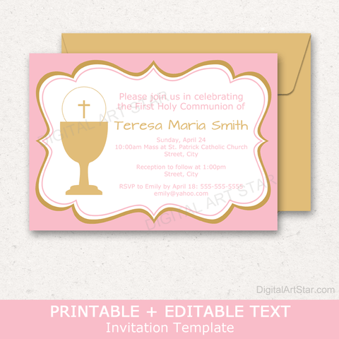 Pink and Gold Girl First Communion Party Invitations Download