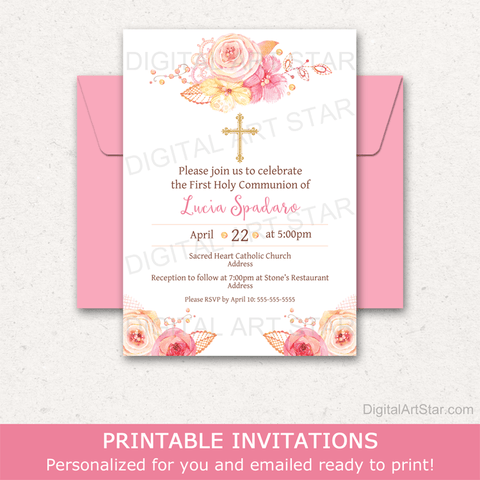 Elegant First Holy Communion Invitation Download Pink Floral