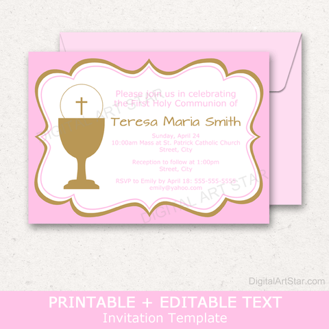 Pink and Gold First Communion Party Invitation Template Editable
