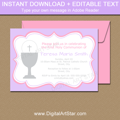 Printable 1st Holy Communion Invitation Template Lavender and Pink