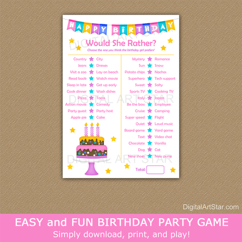 Printable Game for Girl Birthday Party Would She Rather
