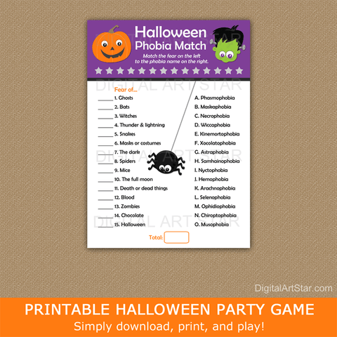 Halloween Phobia Matching Game Printable PDF