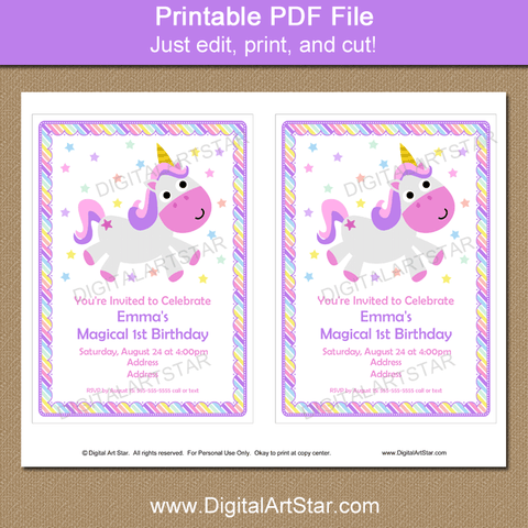 Printable Magical Unicorn Birthday Party Invitation Template Pink Purple