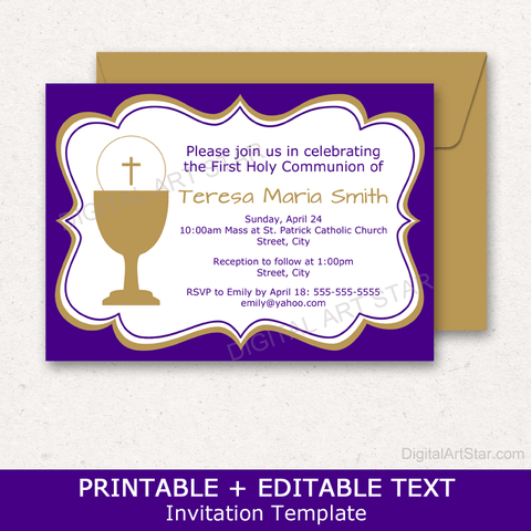 Purple First Holy Communion Invitation Template Printable for Girls