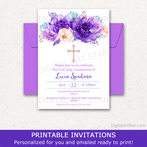 Purple Floral First Communion Invitation for Girls