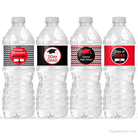 Red and Black Chevron Graduation Water Bottle Labels Supplies