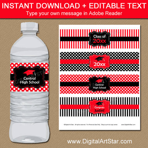 Red and Black Graduation Water Bottle Labels Polka Dots and Stripes