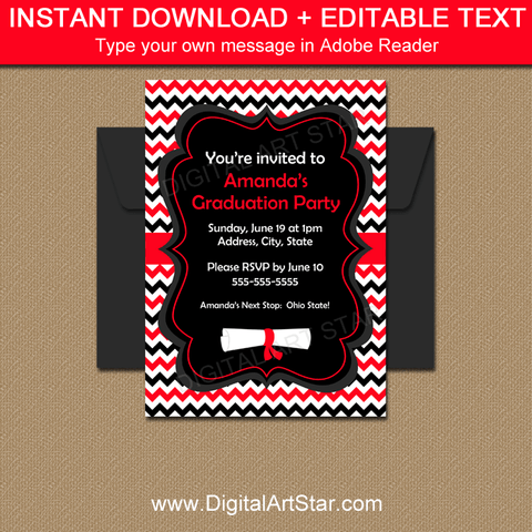 Red and Black Chevron Graduation Invitation Printable Template