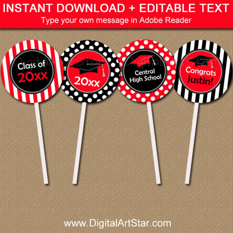 Red and Black Graduation Cupcake Toppers Polka Dots and Stripes