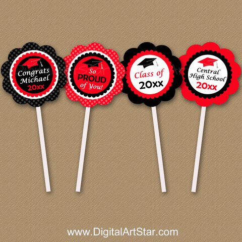 Red and Black Graduation Cupcake Picks Personalized