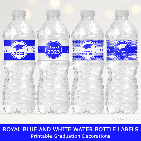 Royal Blue and White Graduation Water Bottle Labels Personalized Class of 2023