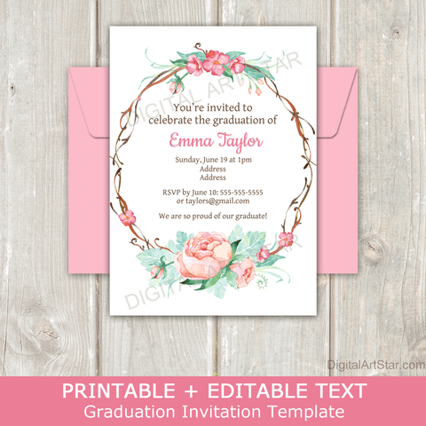 Rustic Floral Graduation Invitation Template