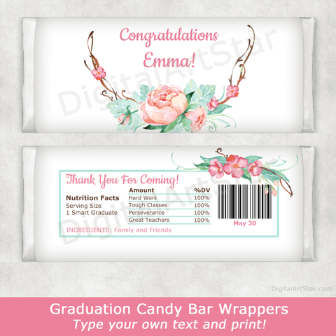 Rustic Floral Graduation Party Favors Printable Candy Bar Wrappers