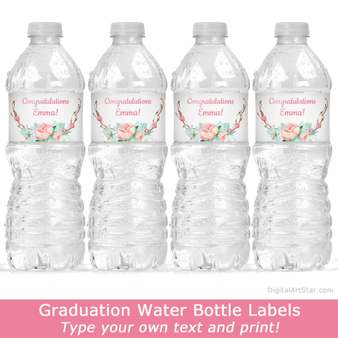 Rustic Wreath Graduation Water Bottle Labels for Girl Graduation Party Decorations