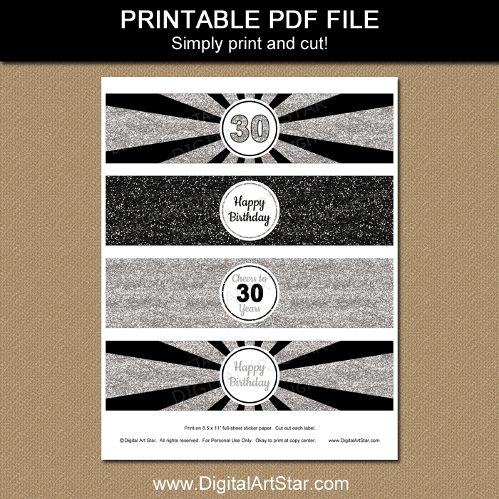 30th Birthday Water Bottle Labels Printable - Black and Silver Glitter ...