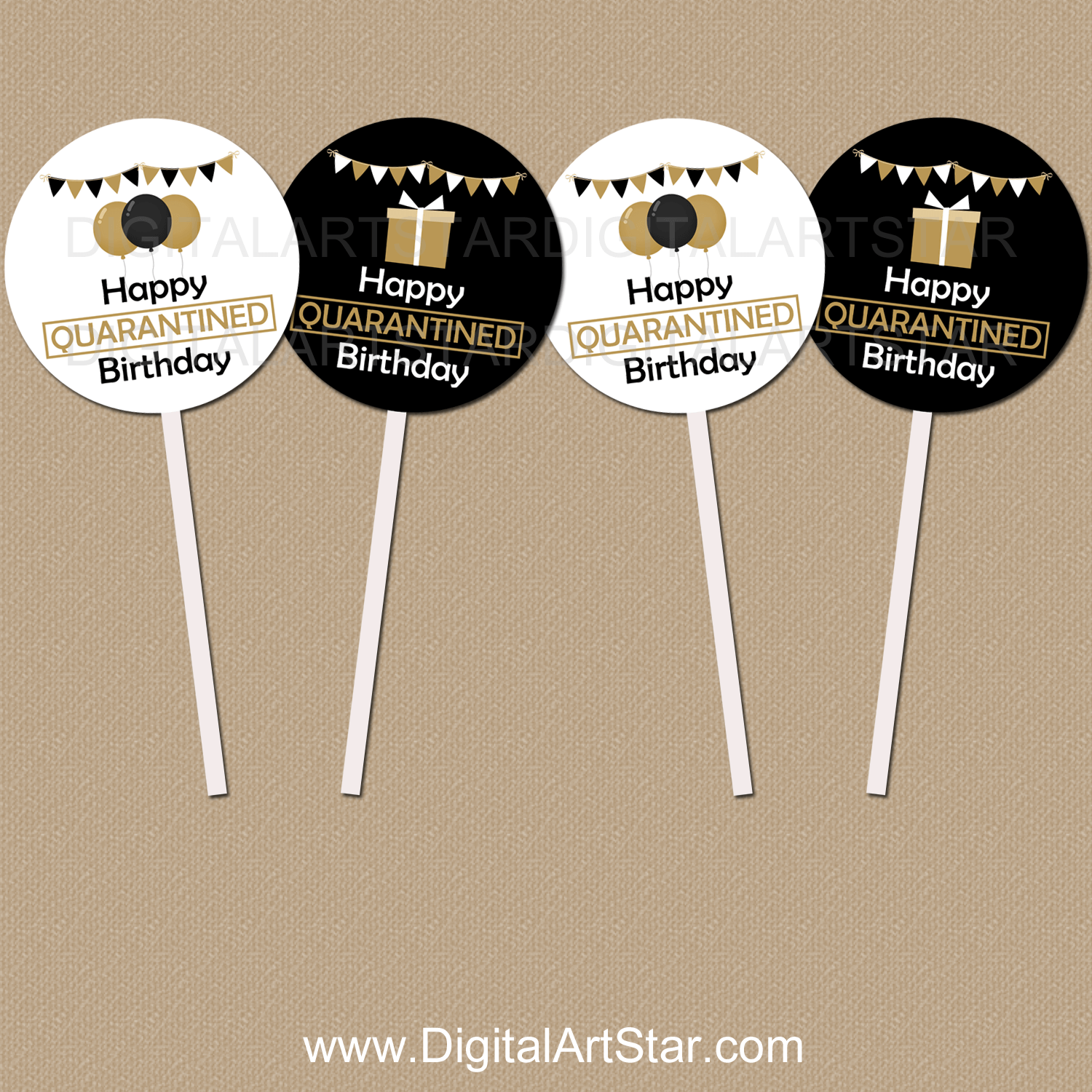 Printable Quarantine Birthday Cupcake Toppers Black Gold White Digital Art Star