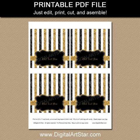 Printable Happy Birthday Cupcake Toppers Black and Gold - Digital Art Star