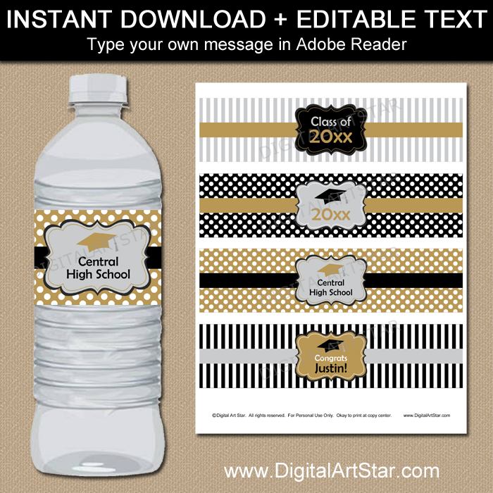 Black Gold Silver Graduation Water Bottle Labels Digital Art Star