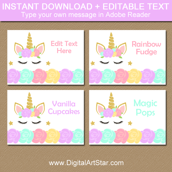 printable unicorn place cards and food tents digital art