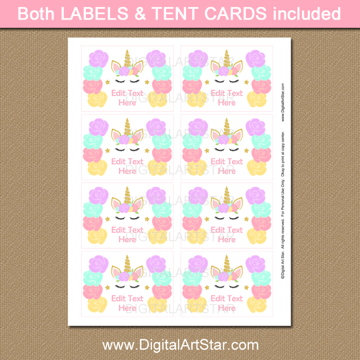 unicorn printable food labels unicorn party supplies digital art star