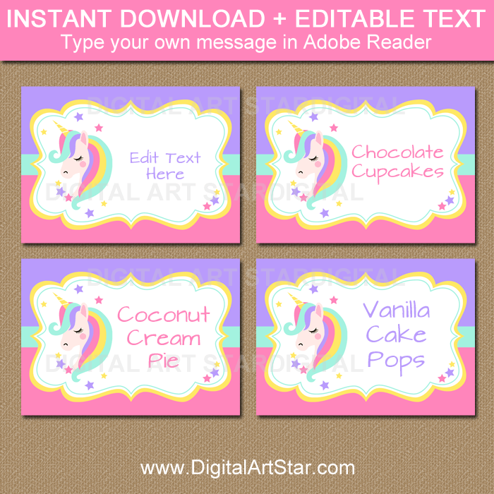 unicorn party supplies printable labels place cards