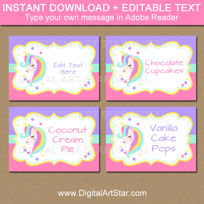 unicorn party supplies printable labels place cards digitalartstar