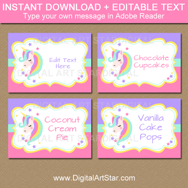 Unicorn Party Supplies: Printable Labels, Place Cards | DigitalArtStar - Digital Art Star