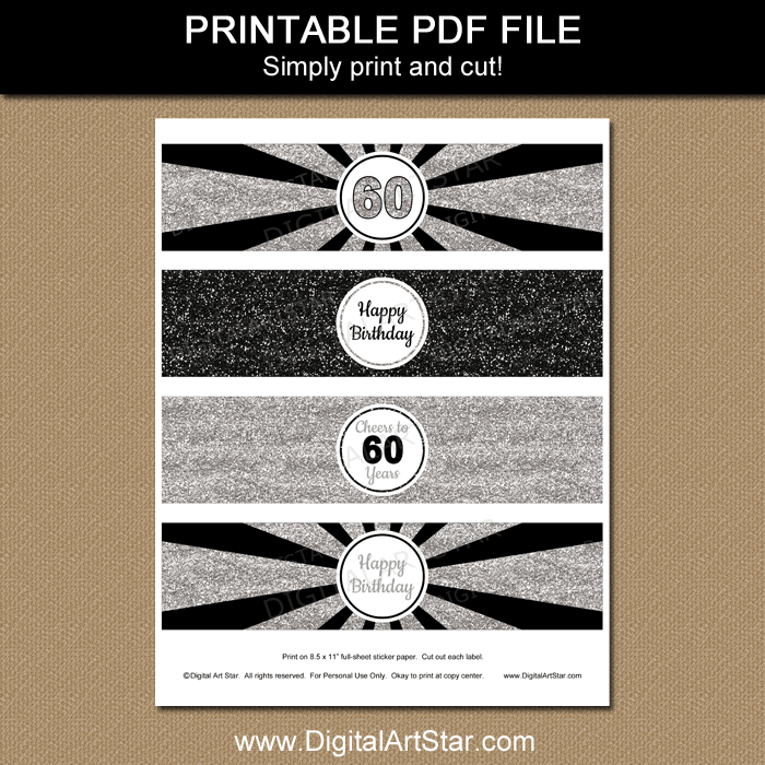 Glitter Water Bottle Labels 60th Birthday - Black and Silver - Digital ...