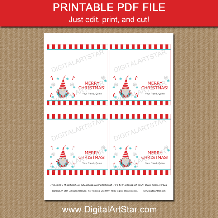 Red and White Christmas Gnome Goodie Bag Topper Printable - Digital Art ...
