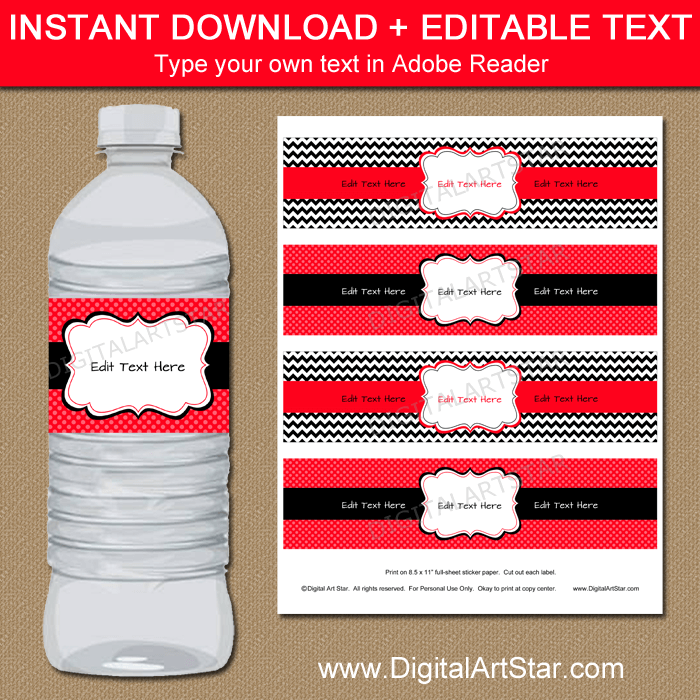 red black and white birthday party water bottle labels digital art star