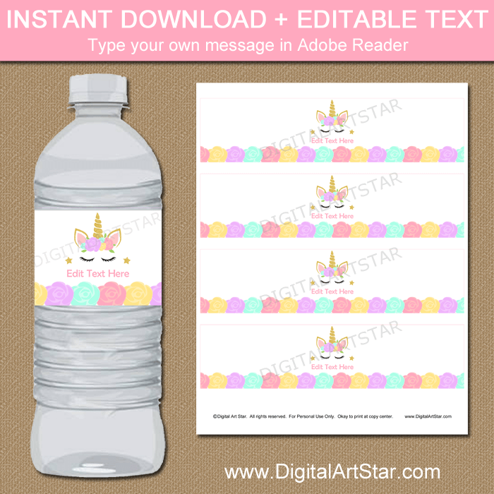unicorn party water bottle labels template digital art star