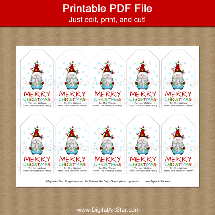 Printable Christmas Gnome Gift Tags - White Blue Red Green - Digital ...