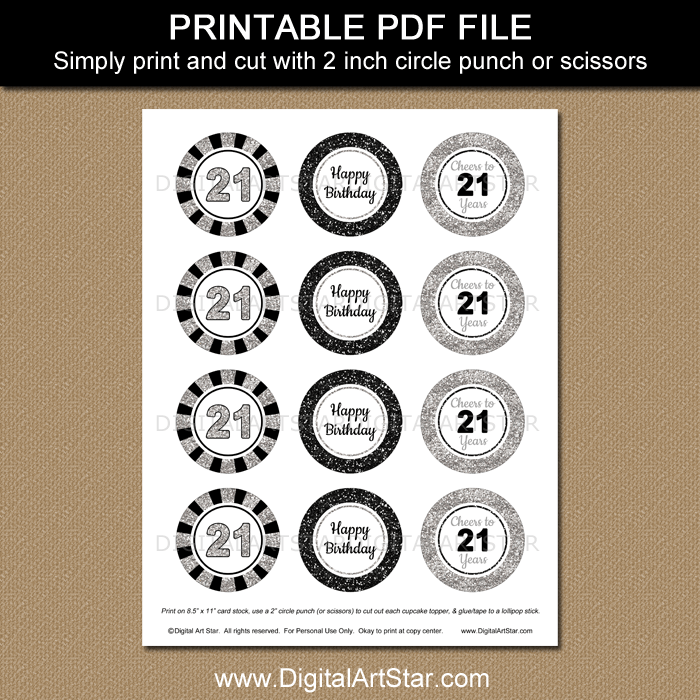 black-and-silver-happy-21st-birthday-cupcake-toppers-printable
