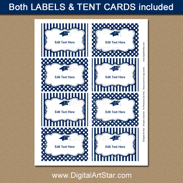 Editable Graduation Labels Navy Blue and White Polka Dots and Stripes ...