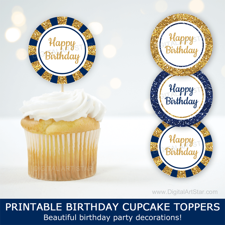 Printable Happy Birthday Cupcake Toppers Navy Blue and Gold - Digital ...