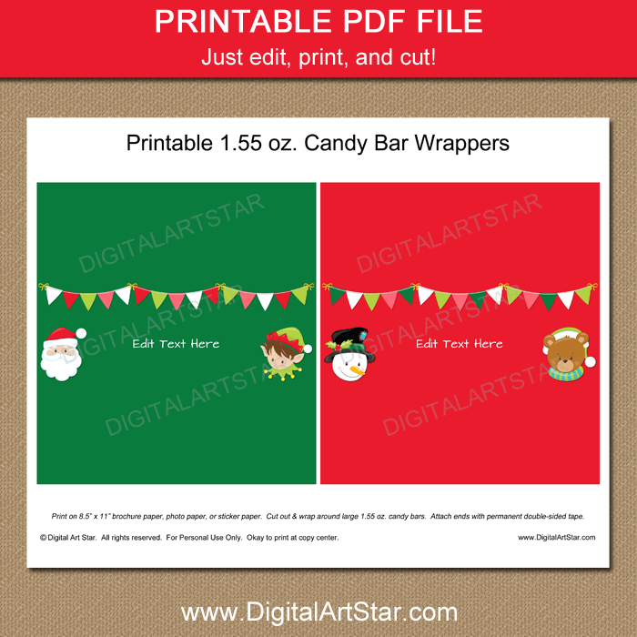 Red And Green Printable Holiday Candy Bar Wrapper Template Digital Art Star