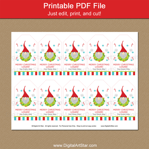 Editable Gnome Christmas Bag Tags Printable - Red and Green