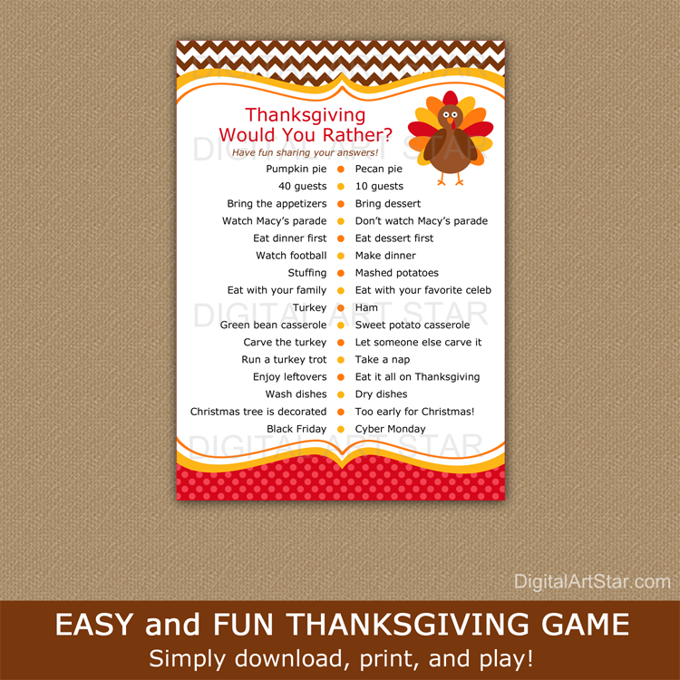 Printable Thanksgiving Would You Rather Questions | Digital Art Star