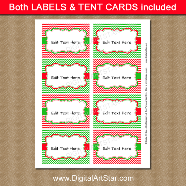 Printable Christmas Buffet Cards - Red and Green Chevron - Digital Art Star