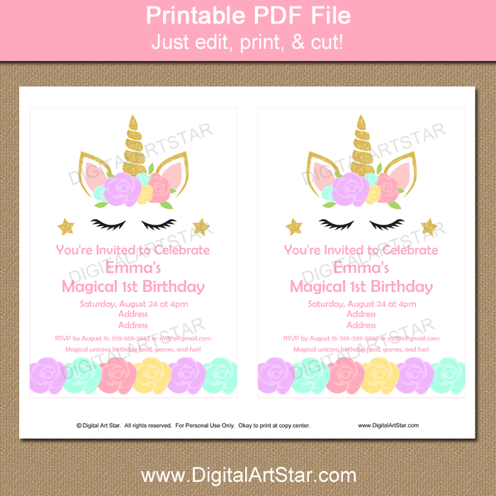 Welp Unicorn Birthday Party Invitation Template | Digital Art Star FB-11