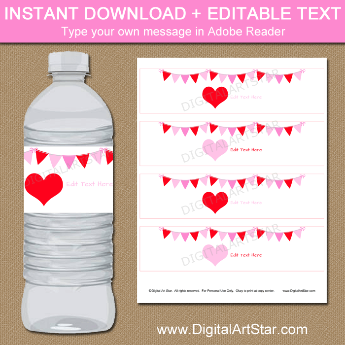 printable valentine water bottle labels template digital art star