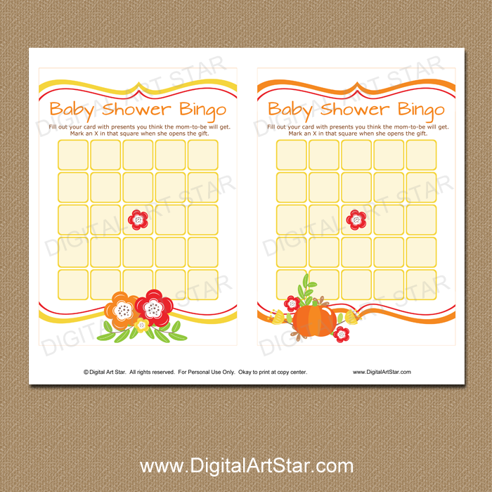 Fall Baby Shower Bingo Printable Game Digital Art Star